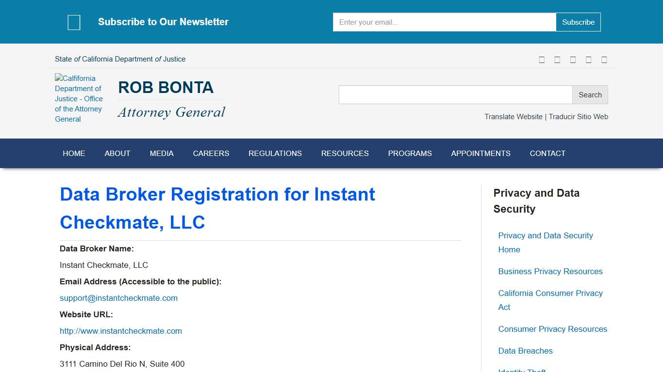 Data Broker Registration for Instant Checkmate, LLC | State of California - Department of Justice - Office of the Attorney General